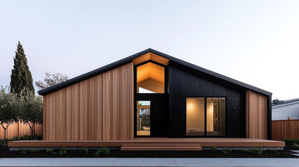 Modern A-Frame House with Large Windows and Warm Evening Lighting in Tranquil Landscape