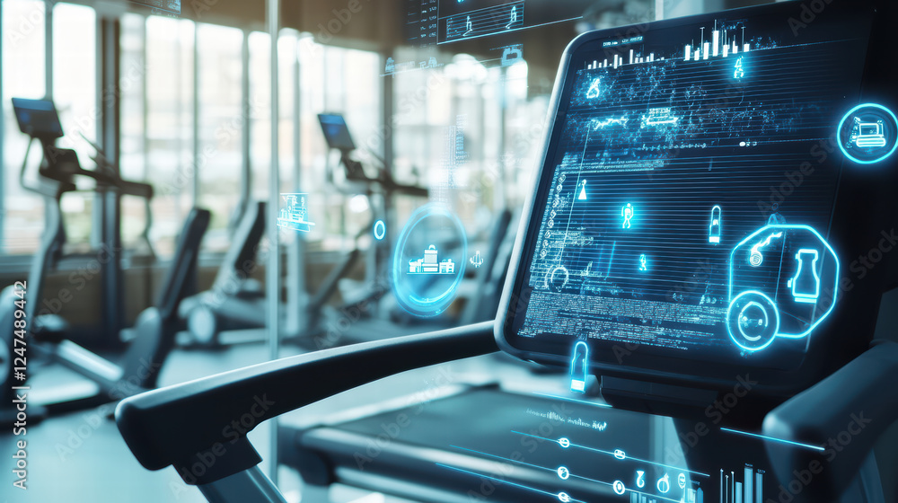 Poster smart fitness center featuring iot devices displaying workout data and analytics. modern gym environ