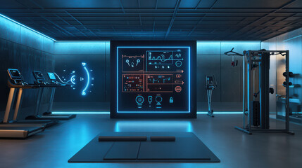 modern fitness center featuring advanced IoT technology, workout equipment, and interactive displays. sleek design and blue lighting create energetic atmosphere for exercise enthusiasts