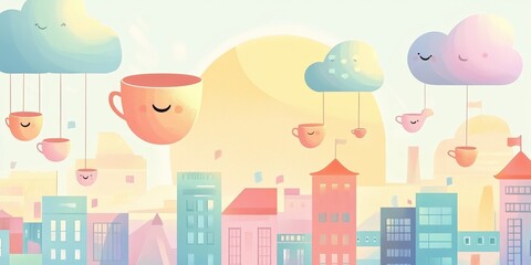 Fototapeta premium Cute smiling cups float from clouds above cityscape illustration