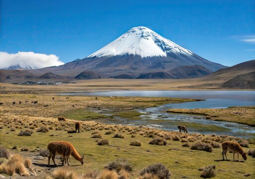 Lauca National Park, Chile, featuring the majestic Parinacota Volcano, vast highland plains, and serene natural beauty.