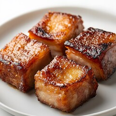 Glazed pork belly cubes on plate, studio shot, white background, recipe
