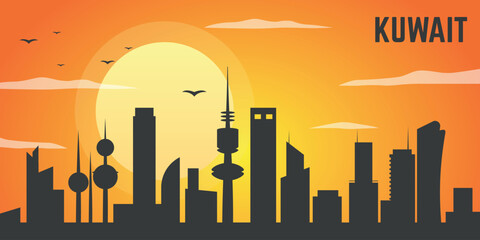 Obraz premium Sunset over Kuwait showcasing the city's iconic skyline with historical landmarks and warm hues of evening sky