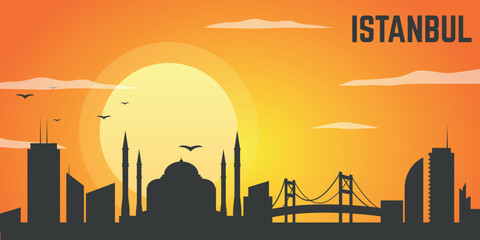 Obraz premium Sunset over istanbul showcasing the city's iconic skyline with historical landmarks and warm hues of evening sky