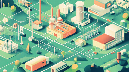 smart grid system visualizing energy consumption with various industrial buildings, power lines, and renewable energy sources. illustration showcases modern, efficient energy network
