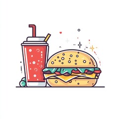 Burger and soda for food blog illustration, fast food meal deal with white background