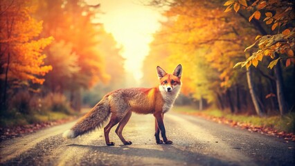 Vintage Hokkaido Wild Fox Crossing Road - Autumn Scenery