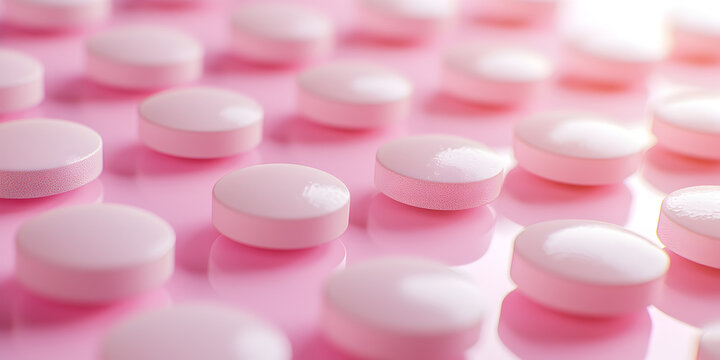 Vibrant Pink Pills and Tablets: A Close-Up Look at Shiny Round Medicines for Health, Wellness, and Preventive Care in a Clean, Organized Design for Daily Nutrition and Aesthetics - Powered by Adobe