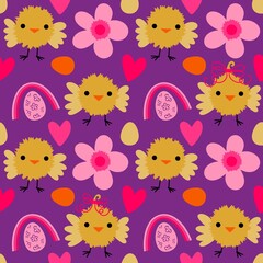 Easter chicken and eggs seamless birds pattern for wrapping paper and fabrics