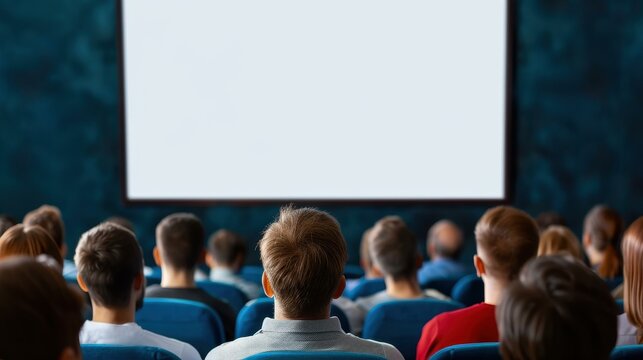 Engage in a captivating presentation as the audience focuses intently on a blank white screen in a dimly lit theater.