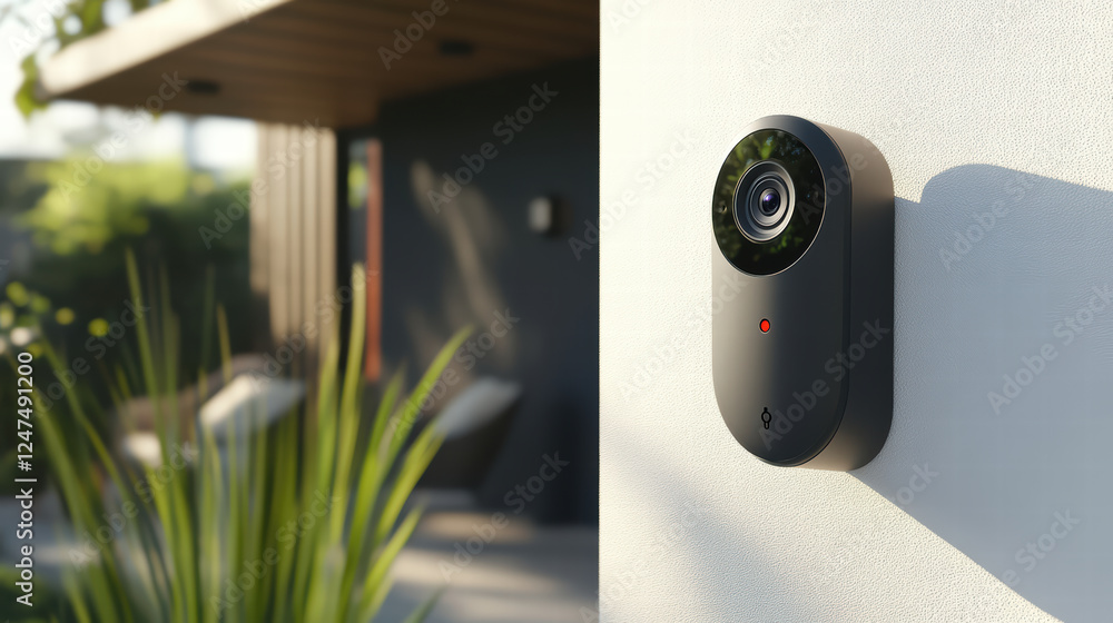 Poster modern smart home security camera mounted on wall, featuring sleek design and alert indicator. this 