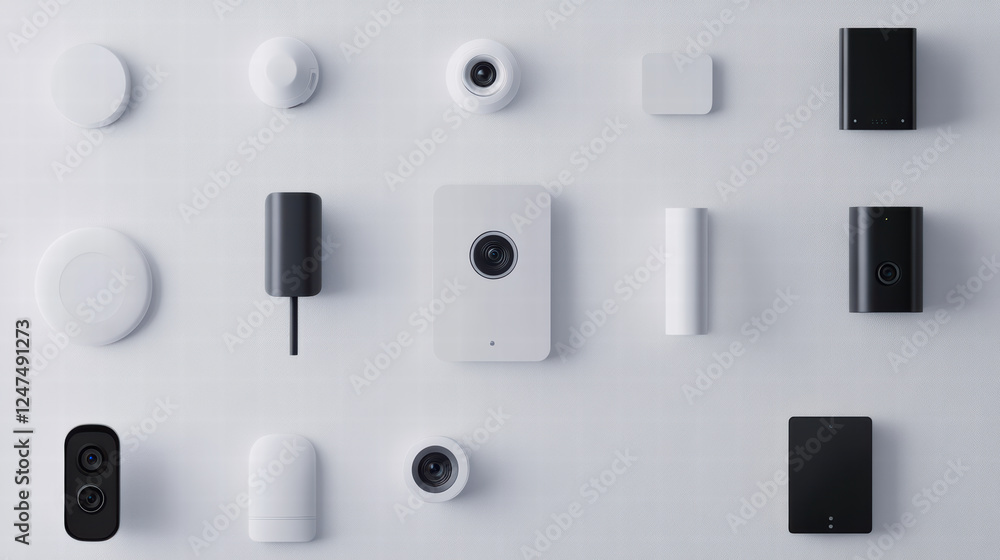 Poster smart home security system featuring various cameras and sensors for enhanced safety and monitoring.