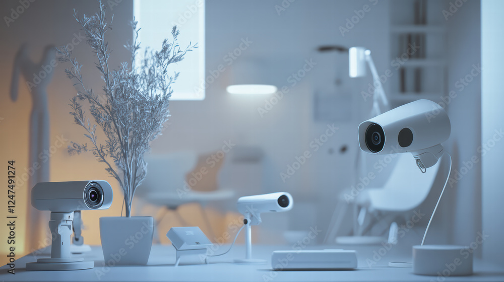 Poster smart home security system featuring cameras and alerts in modern setting. sleek design and white co