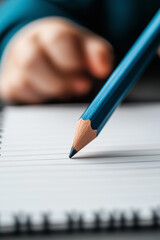 Notizbuch und blauer Bleistift auf hellem Hintergrund für kreative Ideen

