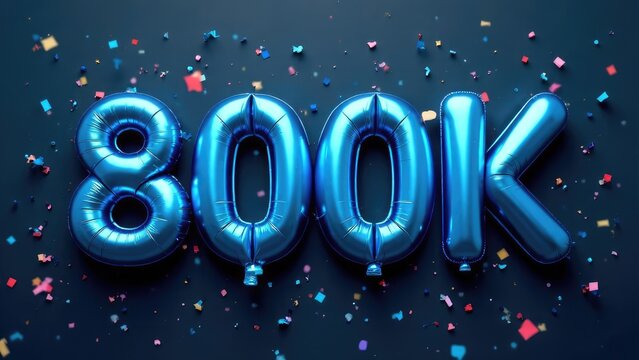Vibrant blue "800K" balloons float amidst colorful confetti against a dark background, signifying a major online success. Concept of: Digital audience achievement.