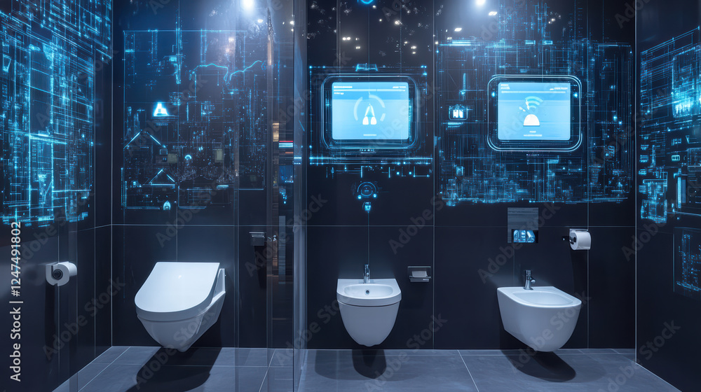 Poster modern public restroom featuring smart iot devices, showcasing advanced technology for cleanliness a