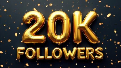 Shimmering golden balloons displaying "20K FOLLOWERS" are set against a confetti-scattered dark background. Concept of: Building an audience.