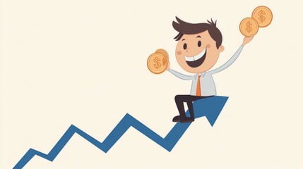  an animated person sitting on top of an upward-trending arrow, with floating coins around them, symbolizing business or project growth. 