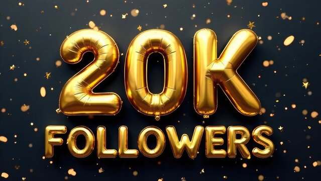 Shimmering golden balloons displaying "20K FOLLOWERS" are set against a confetti-scattered dark background. Concept of: Building an audience.