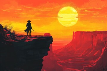 Obraz premium Cowboy stands on cliff at sunset overlooking vast red canyon
