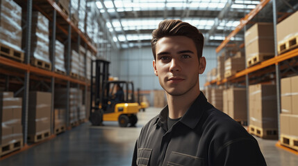 Fototapeta premium Young Male Warehouse Worker In Black Uniform Standing In A Large Storage Facility With Forklifts Operating In The Background