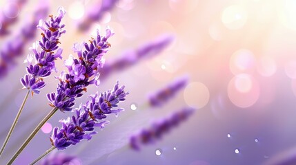 Fototapeta premium Explore a stunning lavender field, alive with vibrant purple blooms and delicate dew drops, creating a serene, picturesque scene.