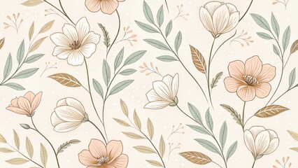 Elegant floral pattern with delicate flowers and leaves on soft beige background