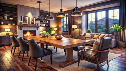 Vintage Style Photo: Cozy Modern Living Room with Wooden Dining Table & Black Chairs, Perfect for Entertaining