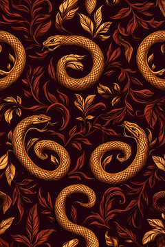 Schlangen und Bl&auml;tter im elegantem goldenen Design auf dunkelrotem Hintergrund

