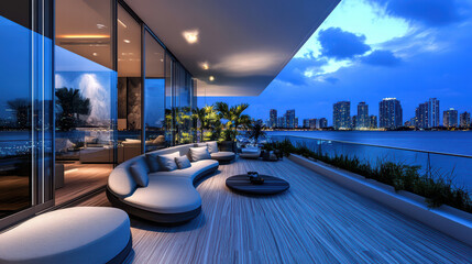 Obraz premium stylish balcony with smart outdoor lighting and sound system, overlooking city skyline at dusk. serene atmosphere invites relaxation and enjoyment