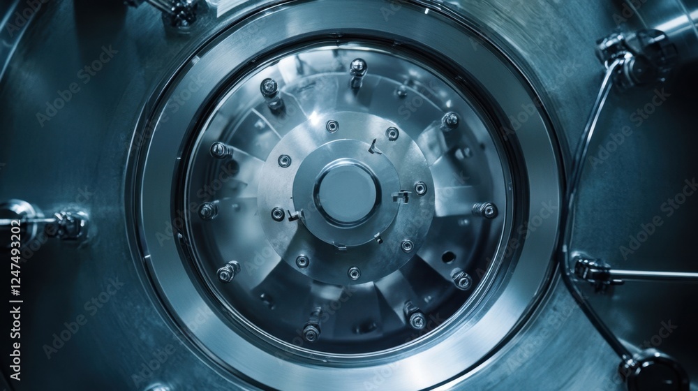 Poster close up view of a complex mechanical component within a scientific laboratory, showcasing precision
