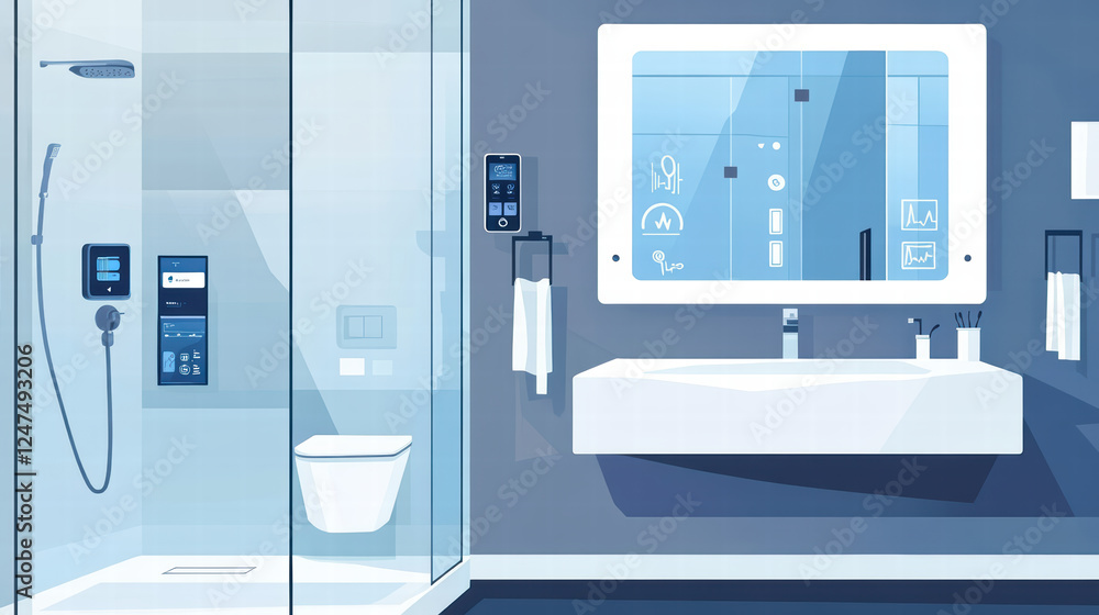Poster modern bathroom featuring smart mirrors, automated showers, and sleek design elements. space combine