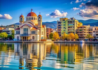 Fototapeta premium Volos, Greece: St. Constantine & Elena Church, Waterfront View - March 2023