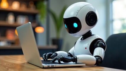 A white robot with glowing blue eyes is typing on a laptop in a bright, modern room. Concept of: AI assistance.