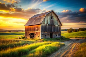 Obraz premium Weathered Wooden Barn, Rural Farmland, Tilt-Shift Photography