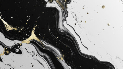Elegant black and white marble background with flowing gold accents in an abstract luxury design