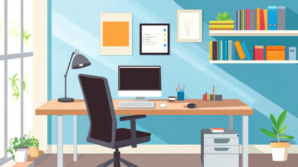 stylish home office featuring modern desk, computer, and organized shelves, creating productive and inviting workspace. bright colors and plants enhance atmosphere