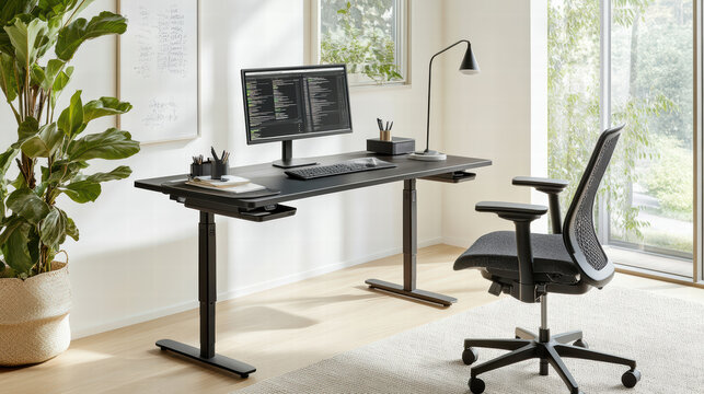 modern home office featuring sleek black desk, ergonomic chair, and computer setup, surrounded by greenery, promoting productivity and comfort