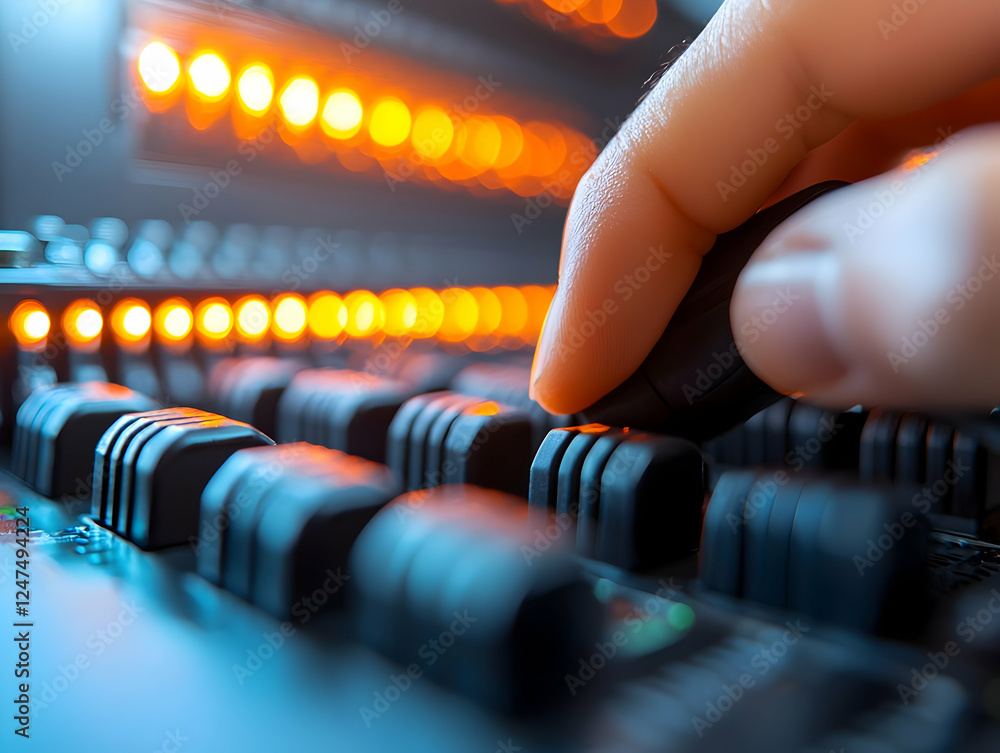 Poster hand adjusting server controls, data center background