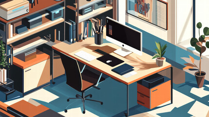 Naklejka premium stylish workspace featuring smart organization, modern desk, computer, and decorative plants. design emphasizes functionality and aesthetics in bright environment