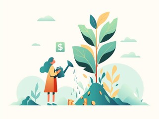 an animated person watering a money tree with a dollar sign on a white background.