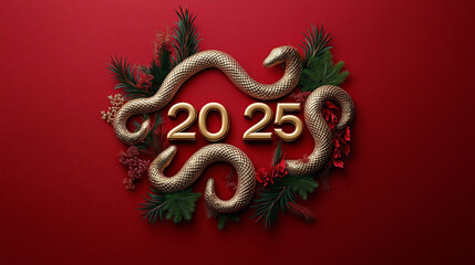 Obraz premium Glänzende goldene Zahl „2025“ umrahmt von botanischen Elementen und chinesischen Drachen