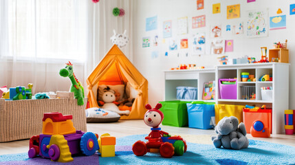 vibrant children room featuring colorful toys, play tent, and interactive learning tools. space is designed for creativity and play, fostering joyful environment for kids