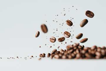 Kaffeebohnen in der Luft mit einem Hauch von gemahlenem Kaffee

