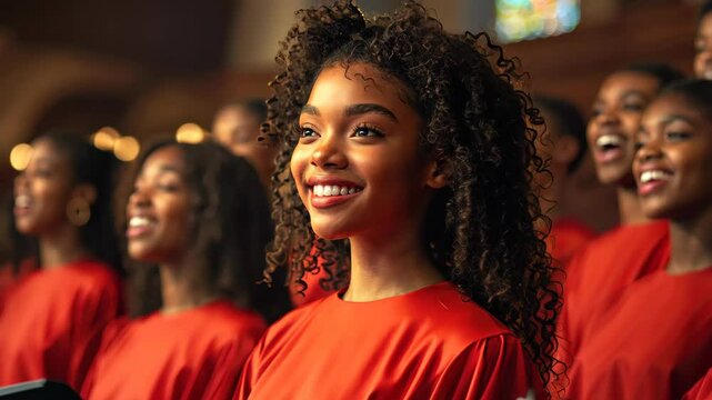 A vibrant gospel choir in red tunics fills the church with uplifting spiritual music, celebrating community and joy.