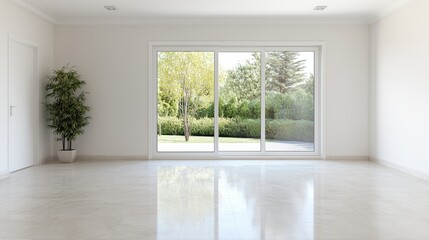 Fototapeta premium Modern empty room, garden view, sunlight, interior design