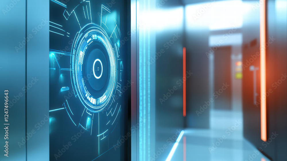Poster futuristic entryway featuring biometric access technology and sleek design, illuminated by ambient l