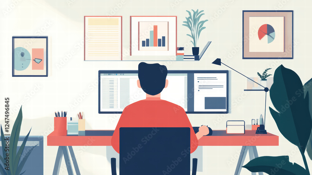 Poster modern home office featuring advanced video conferencing technology, person working at desk with com