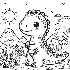 Simple clean lineart, coloring page for children: Cute fairytale dinosaur with nature background