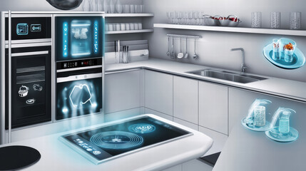 Smart kitchen with advanced cooking appliances and interactive surfaces, showcasing modern design that enhances user experience and efficiency in meal preparation